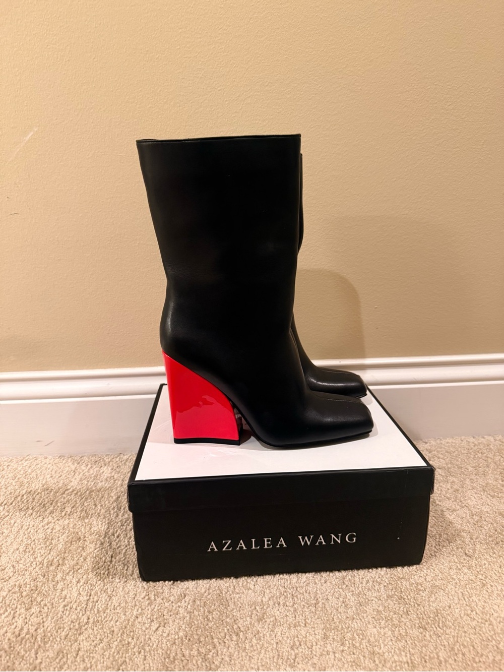 Azalea Wang Black Leather Mid-Calf Boots with Red Block Heel